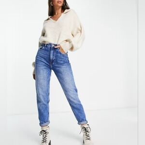 Bershka The Mom Jeans Women Size 8/ 30 Tall Blue Denim Tapered Leg High Rise